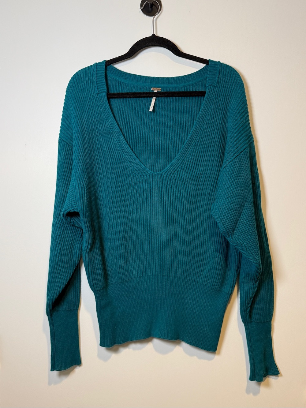 Free People Teal Ribbed V-Neck Sweater